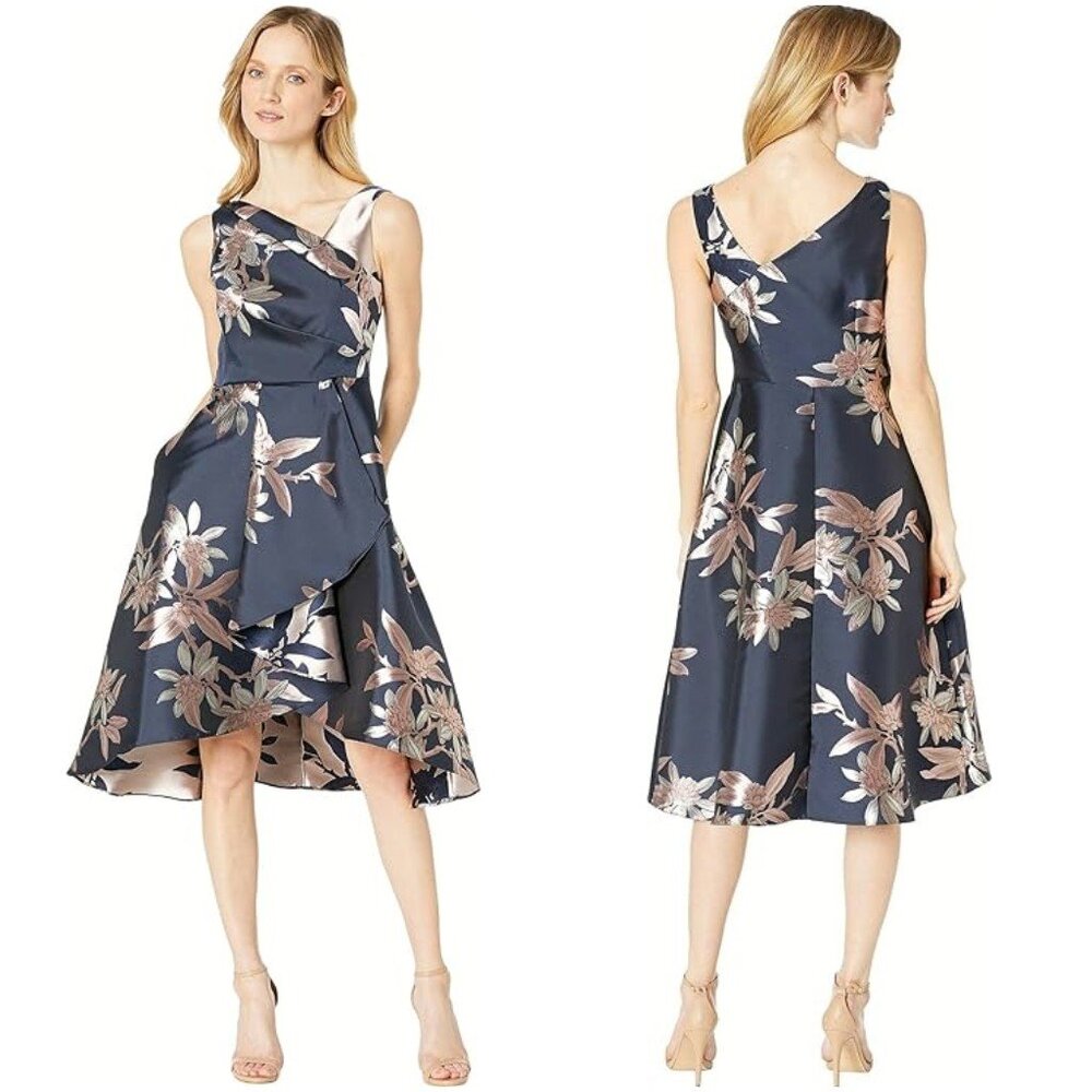 NWT Adrianna Papell Navy Pink Floral Formal Midi Dress $229